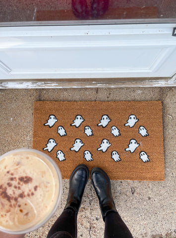 White and Black Ghost front Door Mat with Pumpkin coffee