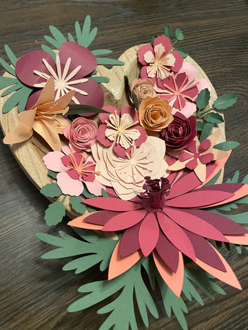 Finished product- Cricut paper flowers in wooden heart for Valentine's day