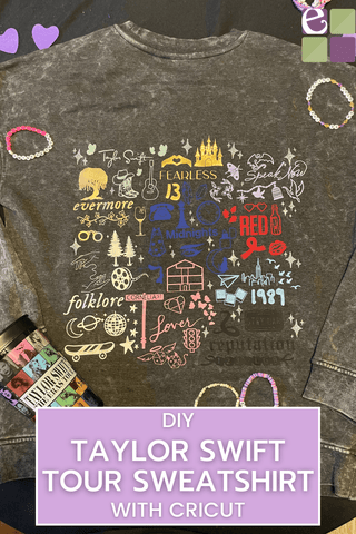 Pinterest pin Taylor Swift Eras Tour Sweatshirt with charms from each era/album and friendship bracelets from the tour