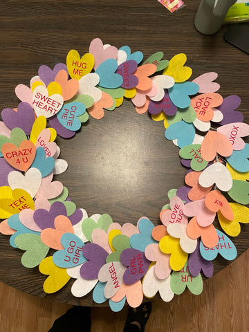 finished candy heart wreath in pastel colors