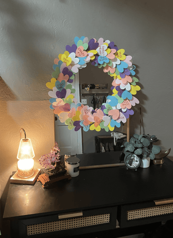 Completed valentine's day wreath over mirror