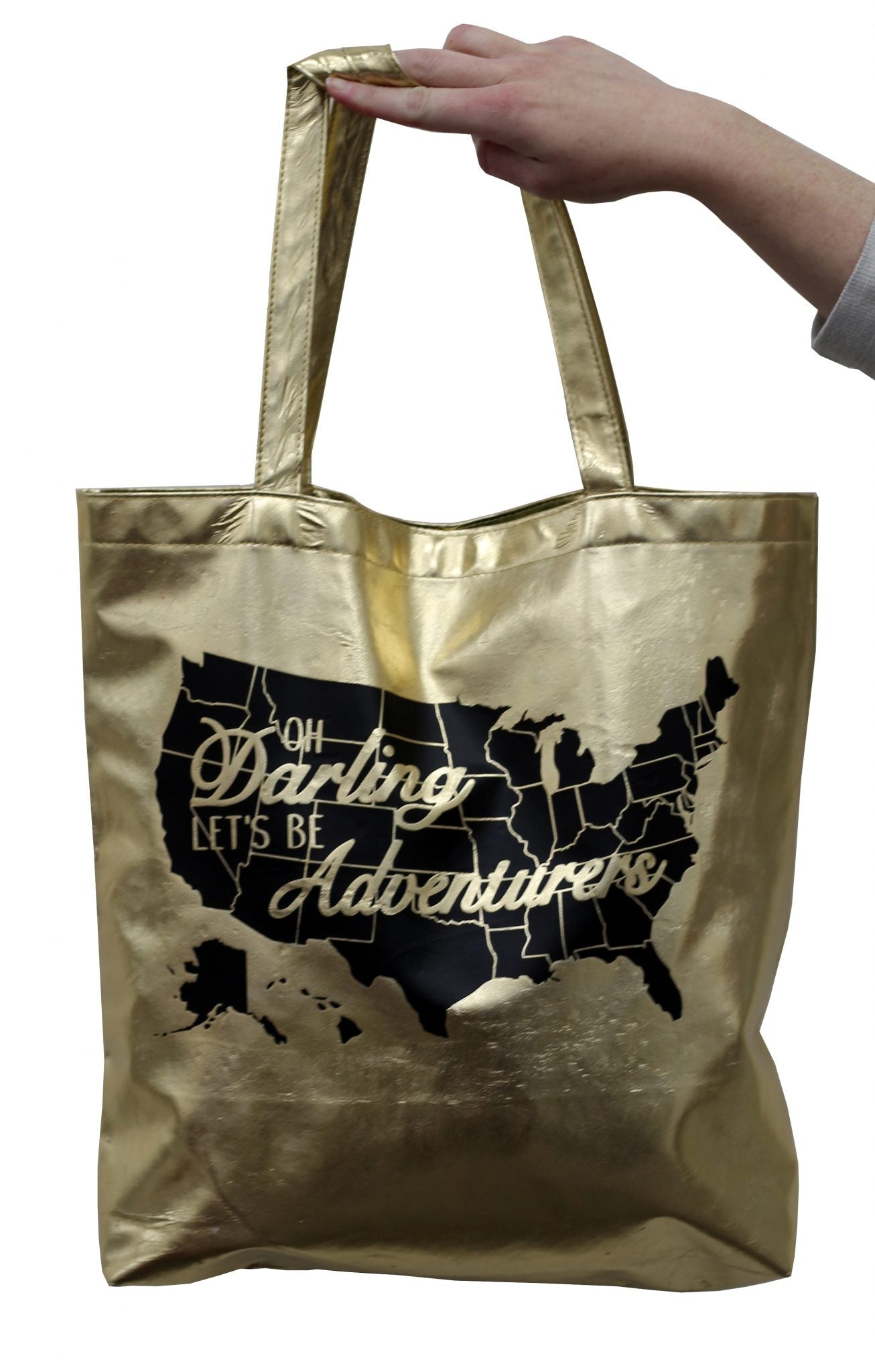 Oh darling, let's be adventurers! Golden bag with black HTV US Map pattern design. 