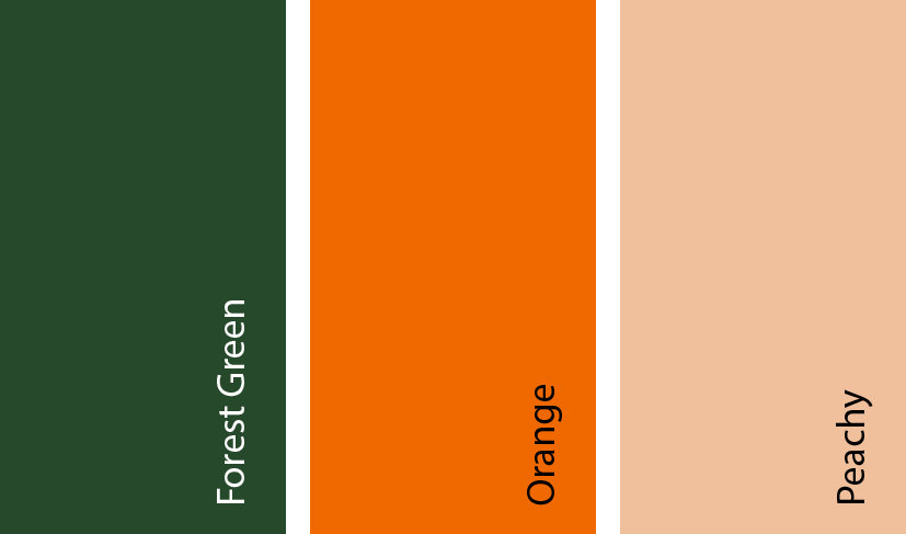 forest green, orange, peachy
