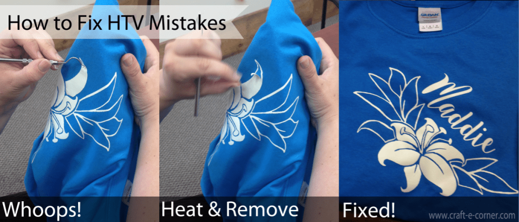 How to fix Heat Transfer Vinyl mistakes. Heat the design up and remove with a hook tool.