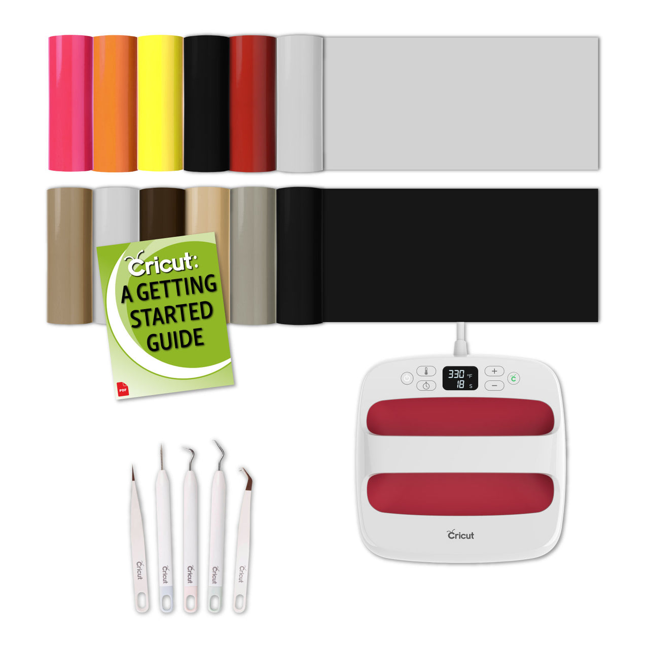 Cricut Raspberry Mini Press Machine Bundle with Mini HTV Iron-On Sampl