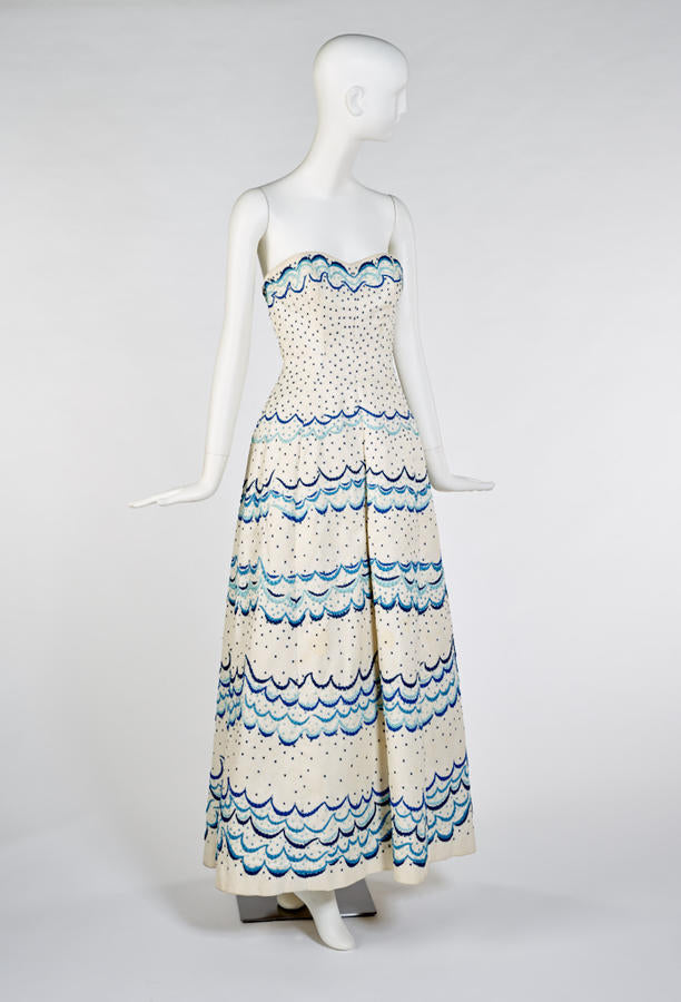 1954 Christian Dior strapless evening dress called Nuit d'Espagne, white embroidered cotton