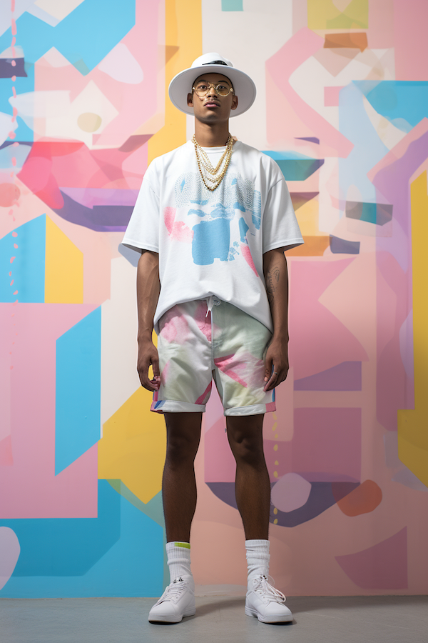 image of a man wearing 2010s vaporwave fashion style standing in front of a pastel painted wall