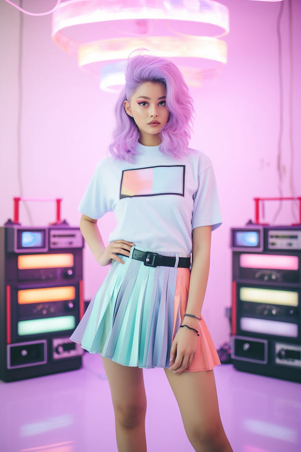 image of a woman wearing 2010s vaporwave fashion style standing in front of a pastel painted wall