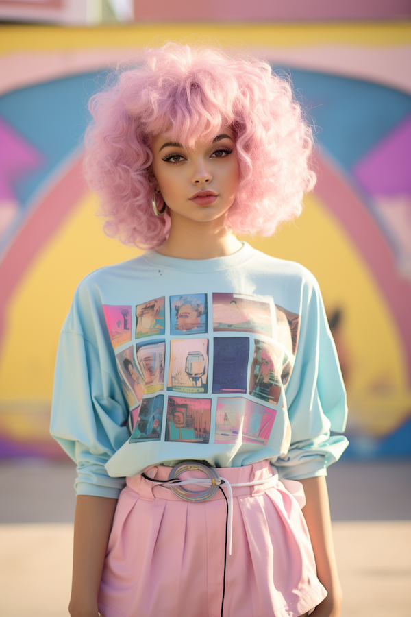 woman with pink hair wearing oversized t-shirt in the 2010's vaporwave fashion style