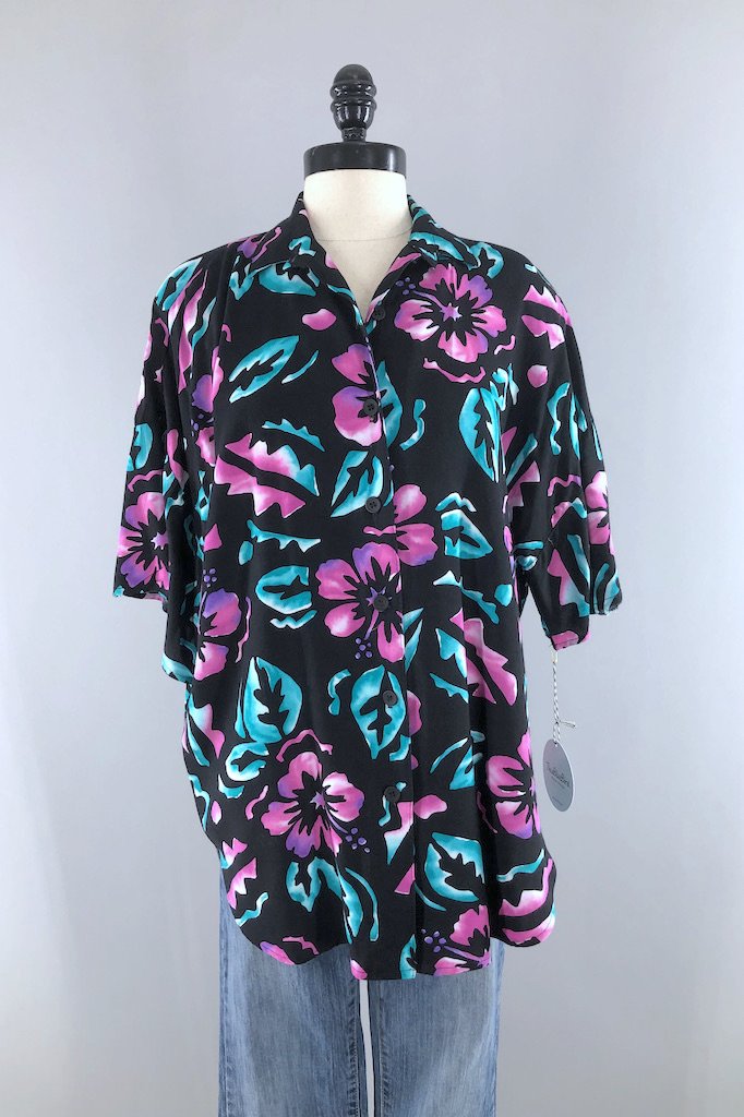 vintage 1980s black and pink hawaiian floral batik style print shirt