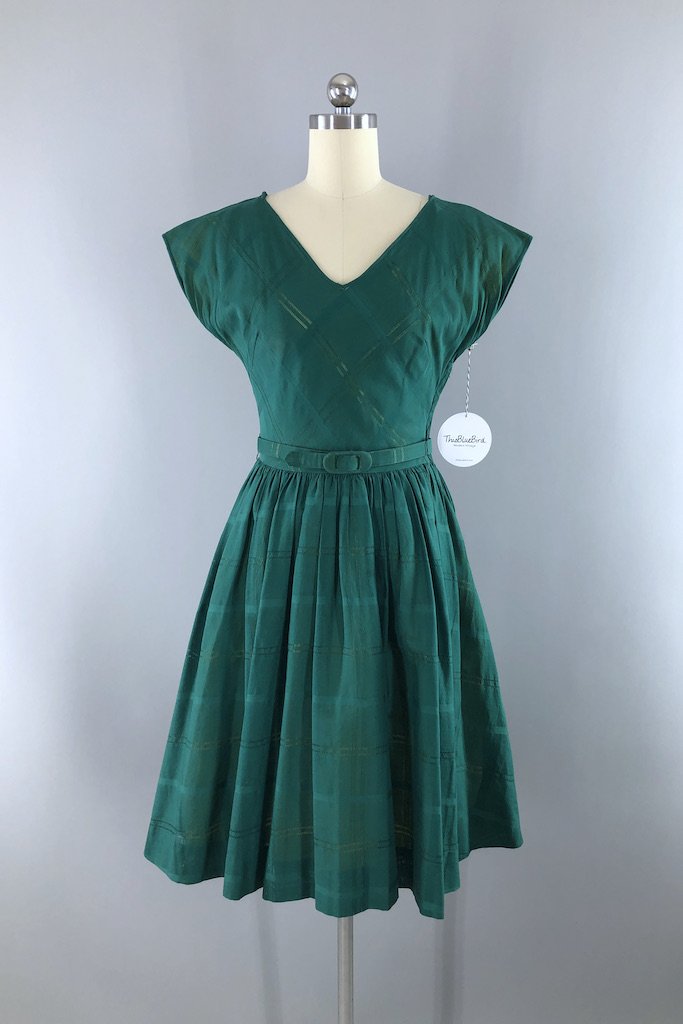 Vintage 1950s Forest Green Day Dress at ThisBlueBird
