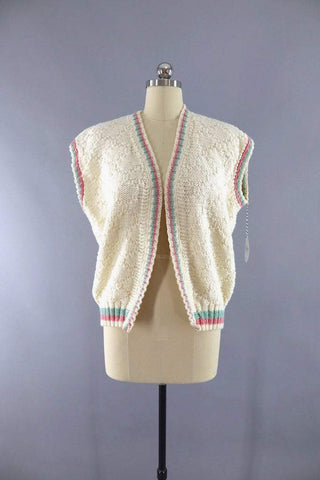 vintage 1980s ivory knit vest with pastel pink and green stripe