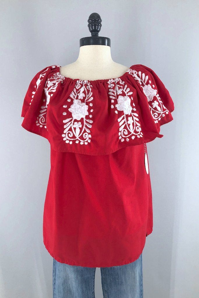 Red embroidered mexican cotton tunic blouse