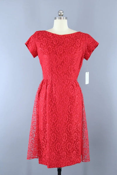 vintage red lace 1960s cocktail dress