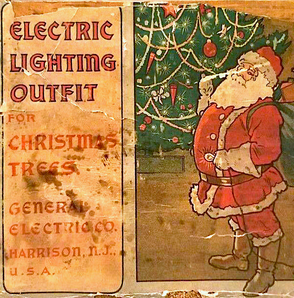 antique general electric christmas lights box label with santa holding electric incandescent bulb
