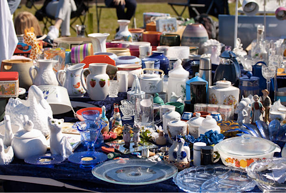 Flea Market Finds  table of home decor items and glassware