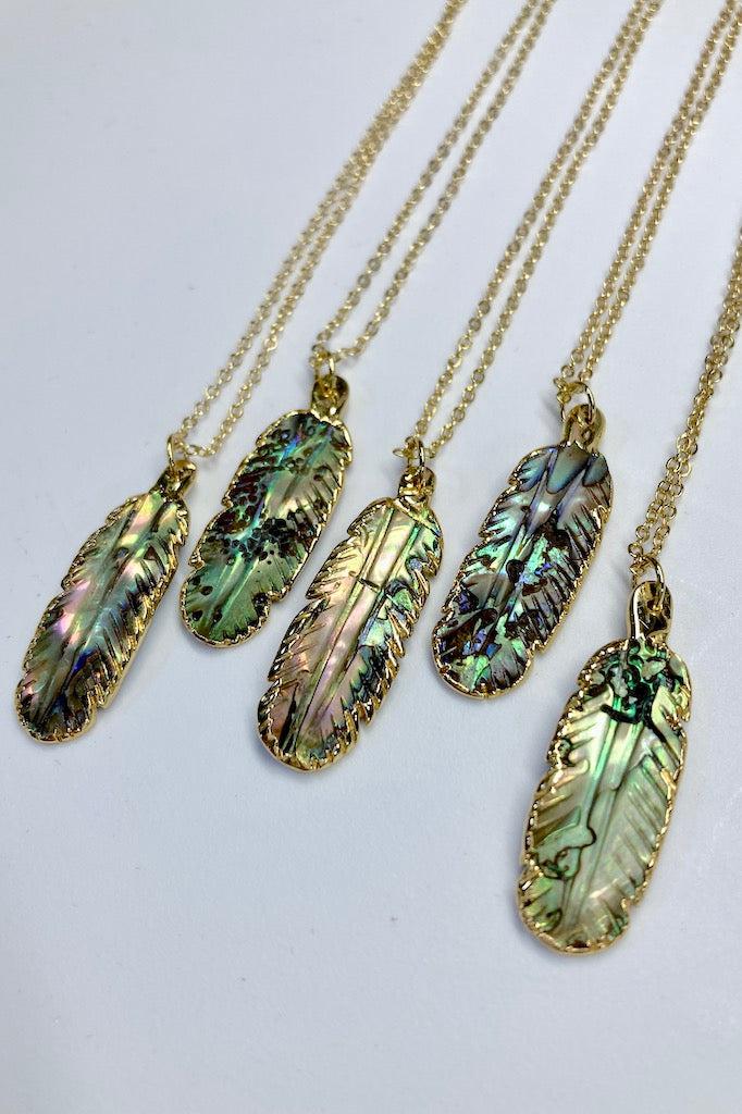 abalone shell feather gold plated necklace