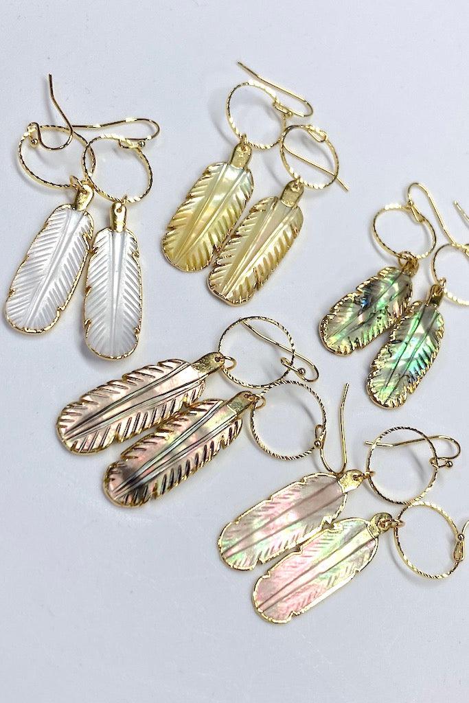 abalone shell feather gold plated earrings