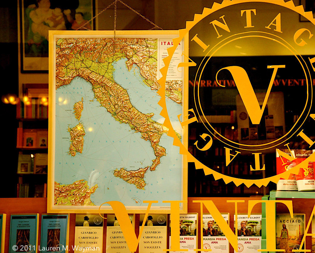 books and maps in the window of a vintage bookstore in rome italy