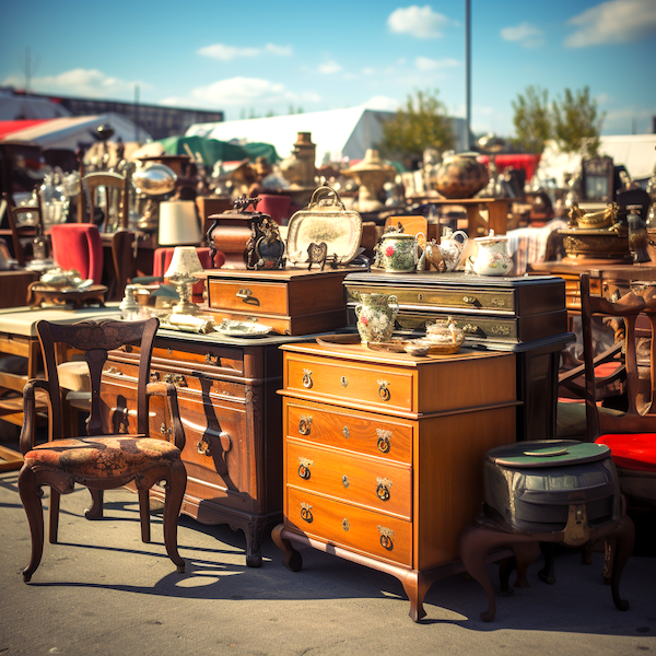 antique furniture for sale at a flea market