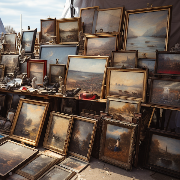 antique paintings for sale at a flea market