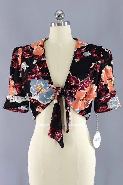 Vintage floral print tie front crop top