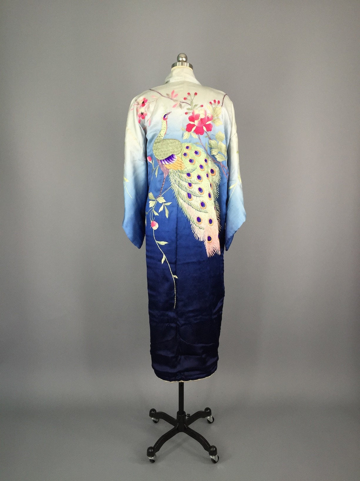 Vintage Silk Kimono Robe Blue Embroidered Peacock