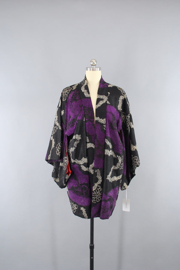 1920s Vintage Silk Haori Kimono Jacket in Purple and Black Shibori