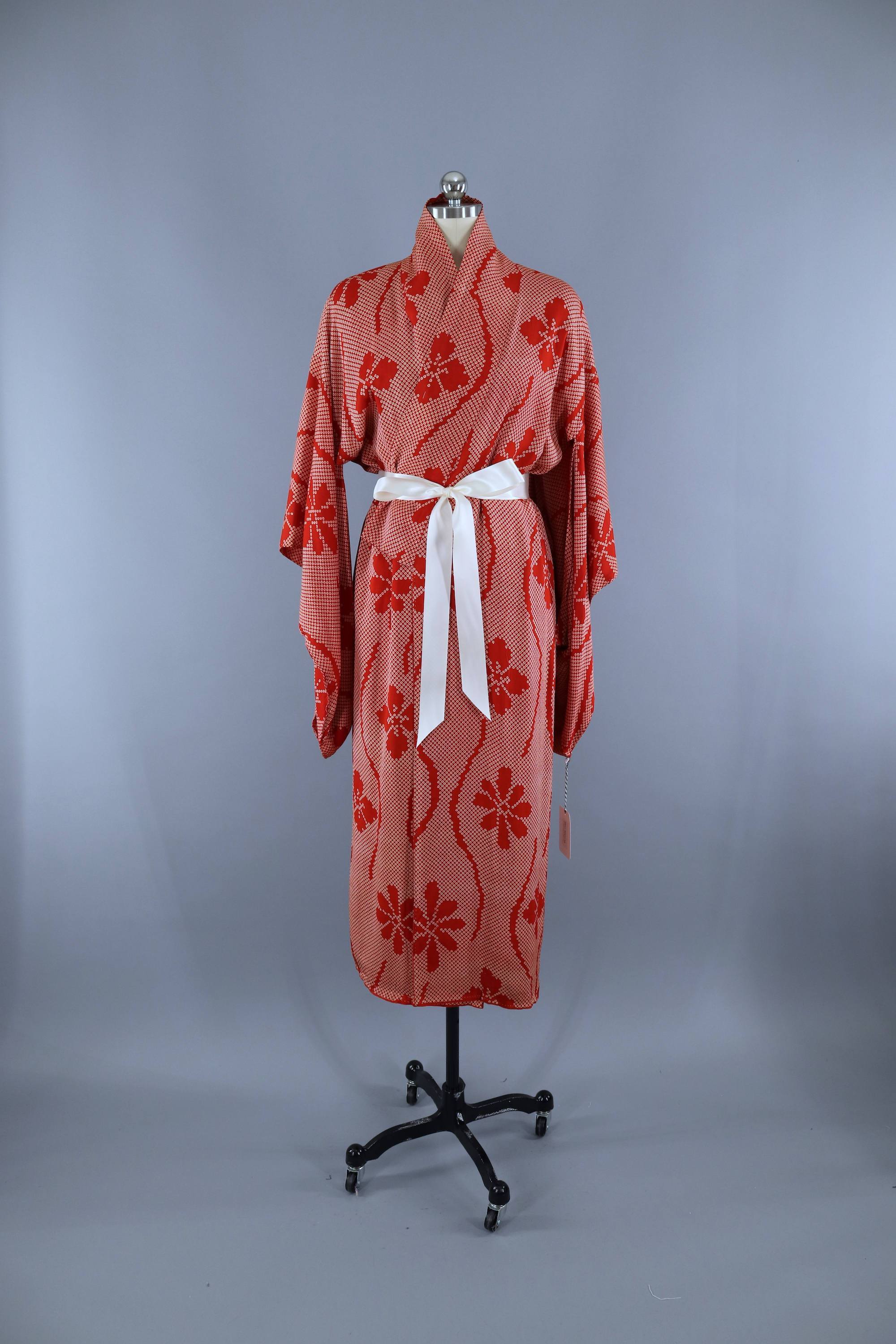 1920s Vintage Silk Kimono Robe / Red & White Shibori
