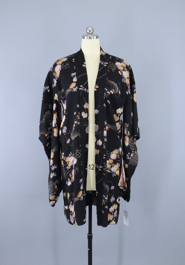 1930s Vintage Haori Kimono Jacket / Black & Tan Floral Print