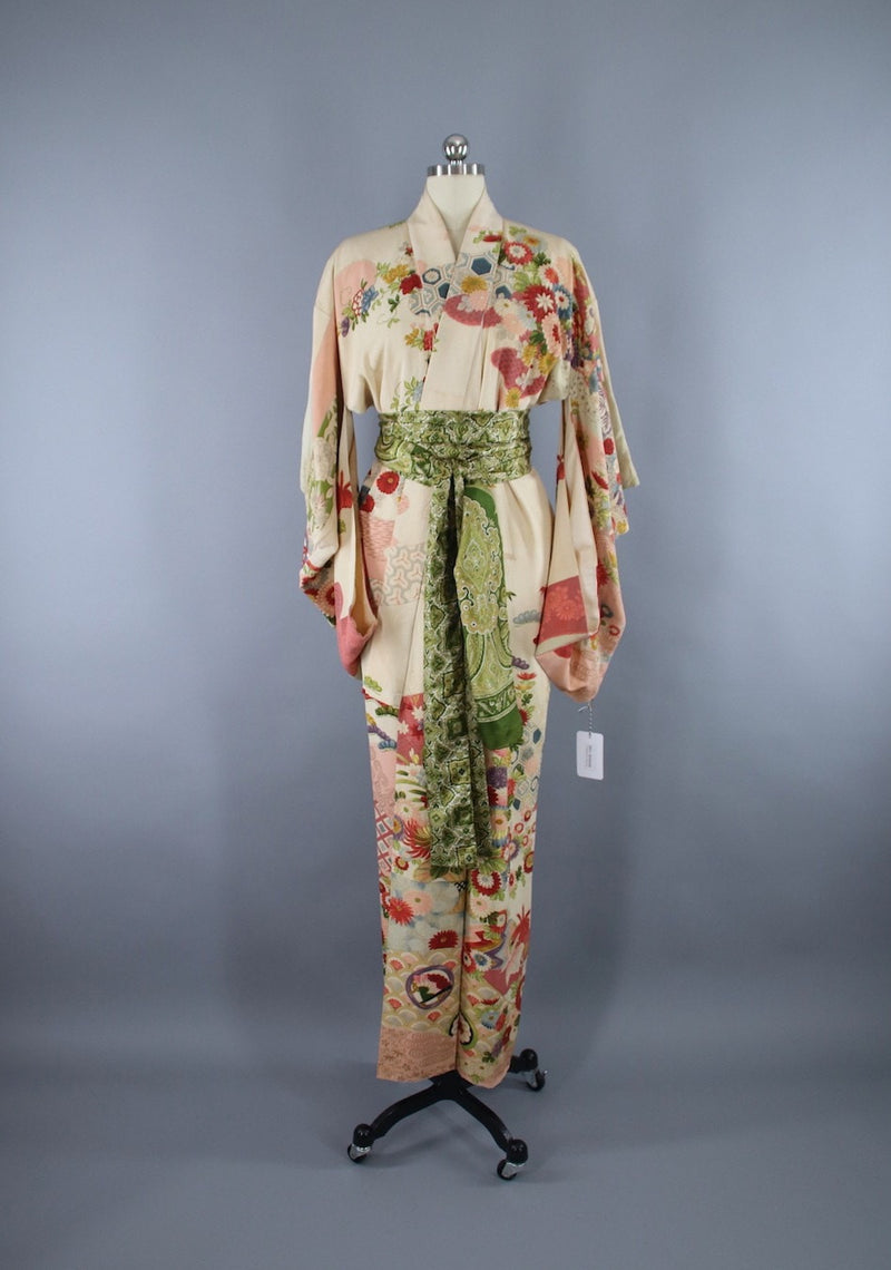 1930s Vintage Silk Kimono Robe / Ivory Floral Print