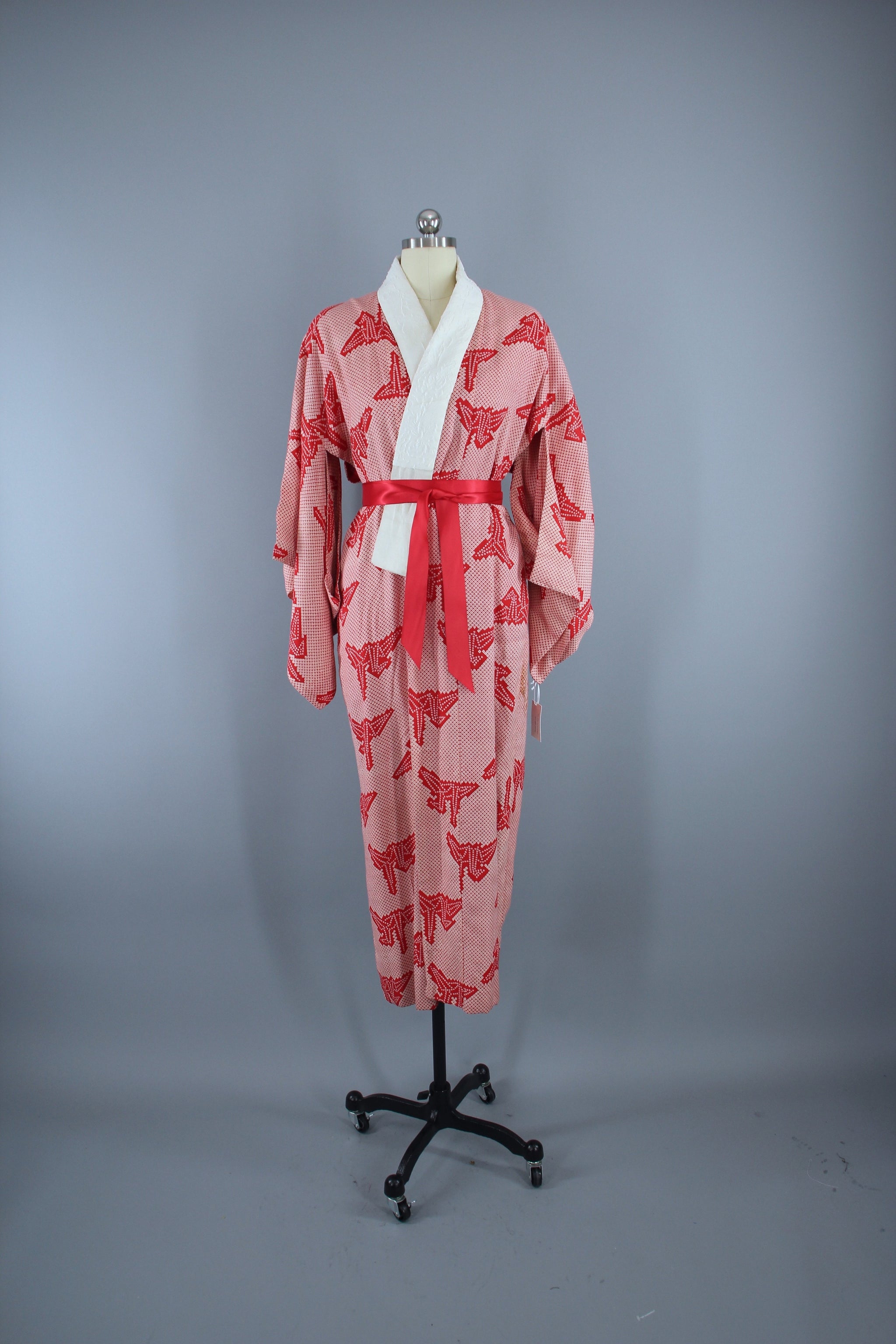 1930s Vintage Silk Kimono Robe / Red Shibori Origami Cranes Birds