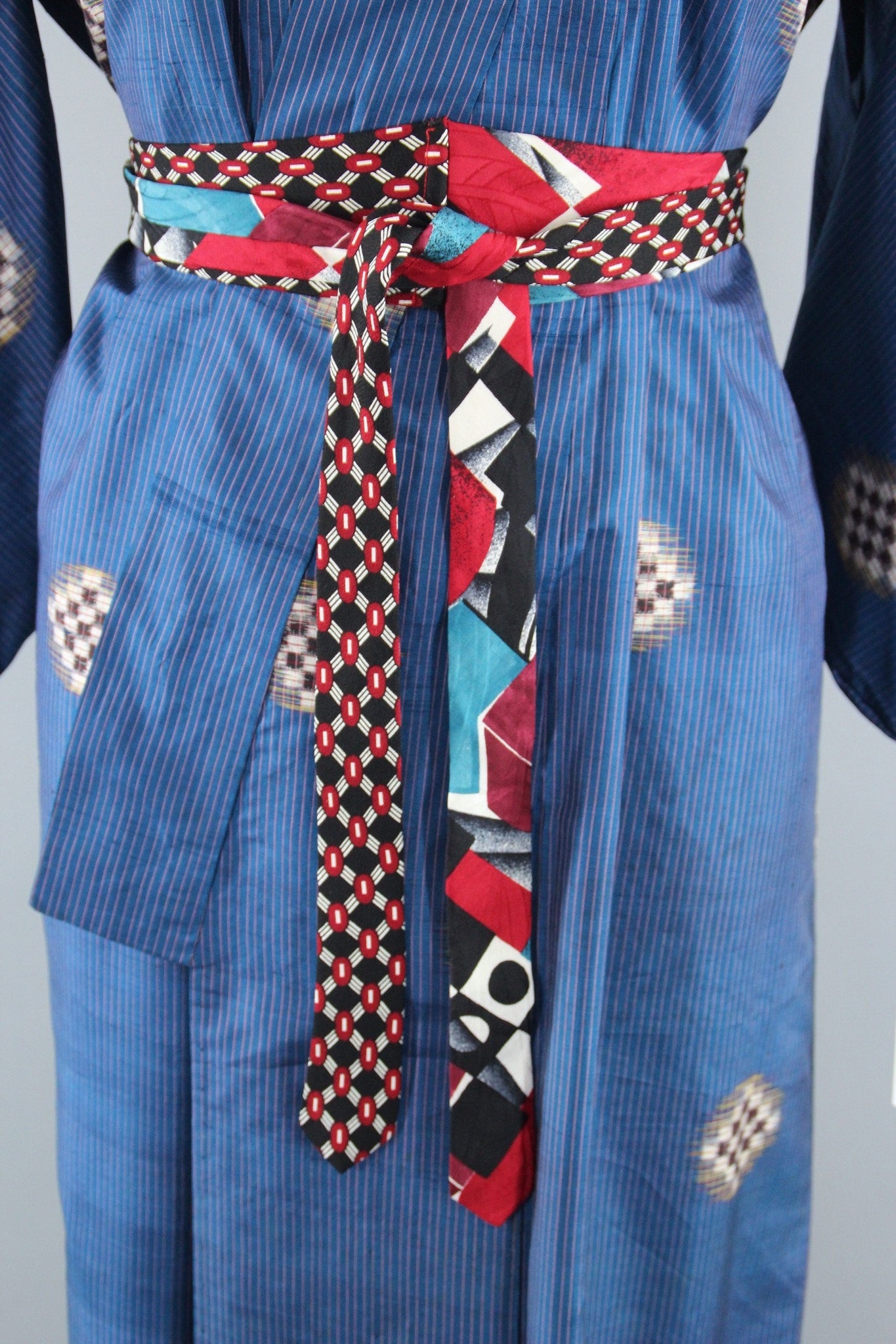 1930s Vintage Silk Kimono Robe with Blue Checkerboard Ikat Pattern