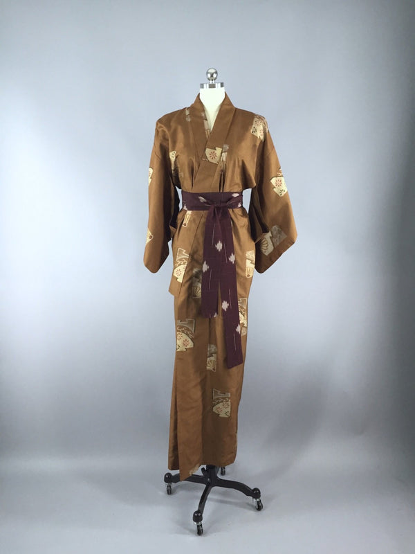 1940s Vintage Silk Kimono Robe, Brown Ikat Fans Floral