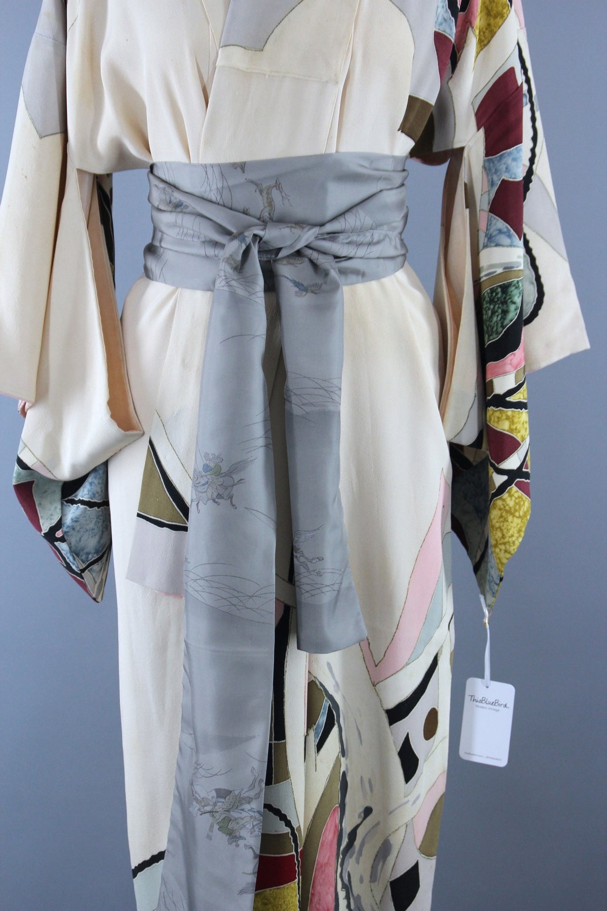 1940s Vintage Silk Kimono Robe in Ivory Abstract Marble Print ...