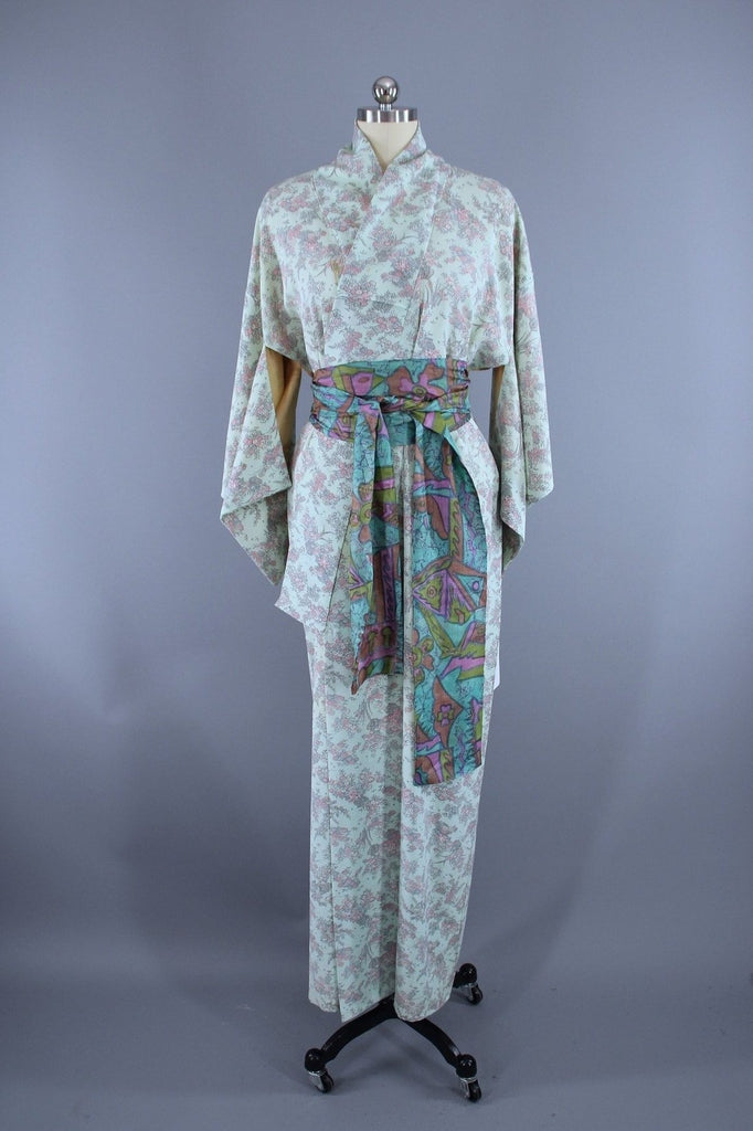 1940s Vintage Silk Kimono Robe / Mint Green Tiny Pink Floral Print ...
