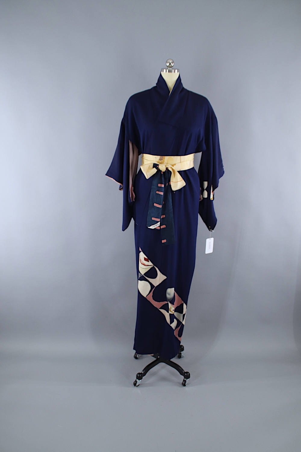 1940s Vintage Silk Kimono Robe / Navy Blue Art Deco