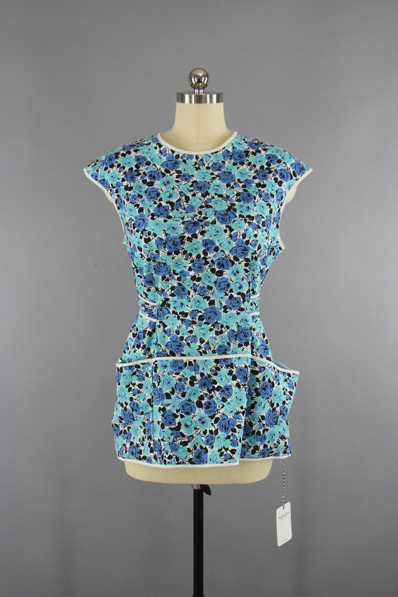 1950s - 1960s Blue Floral Print Cotton Smock Apron