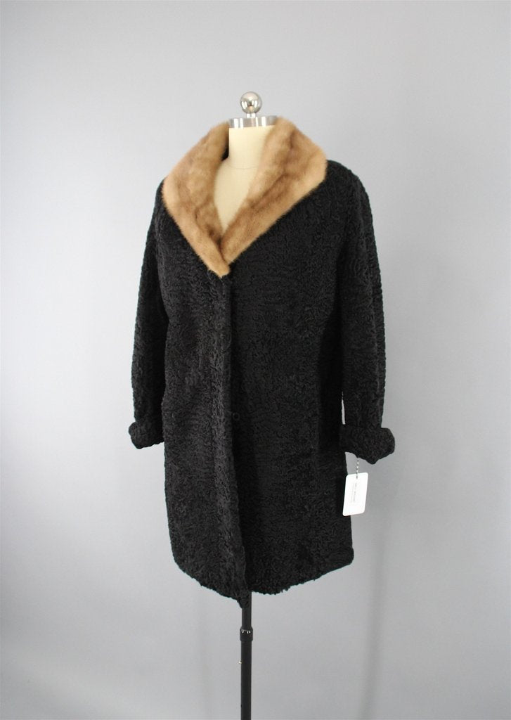 1950s Vintage Curly Lamb Fur Coat with Mink Collar