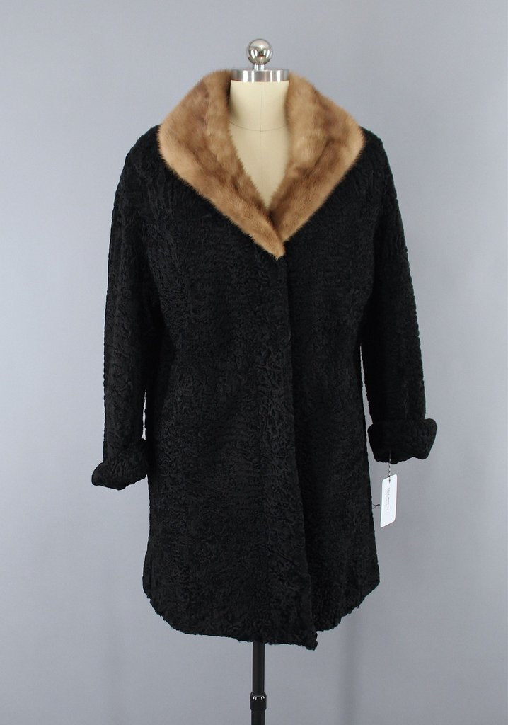 1950s Vintage Curly Lamb Fur Coat With Mink Collar 