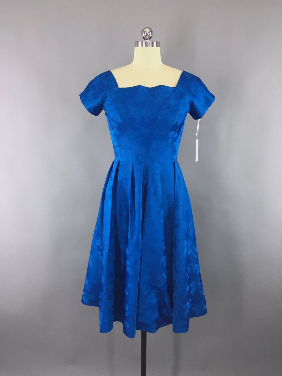 1950s Vintage Electric Blue Satin Damask Party Dress