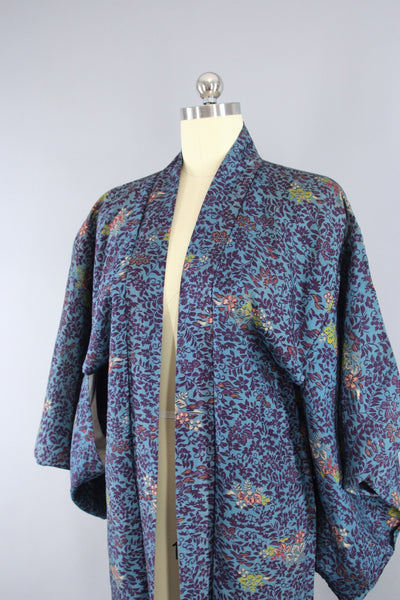 1950s Vintage Haori Kimono Cardigan Jacket in Blue & Purple Floral Pri ...