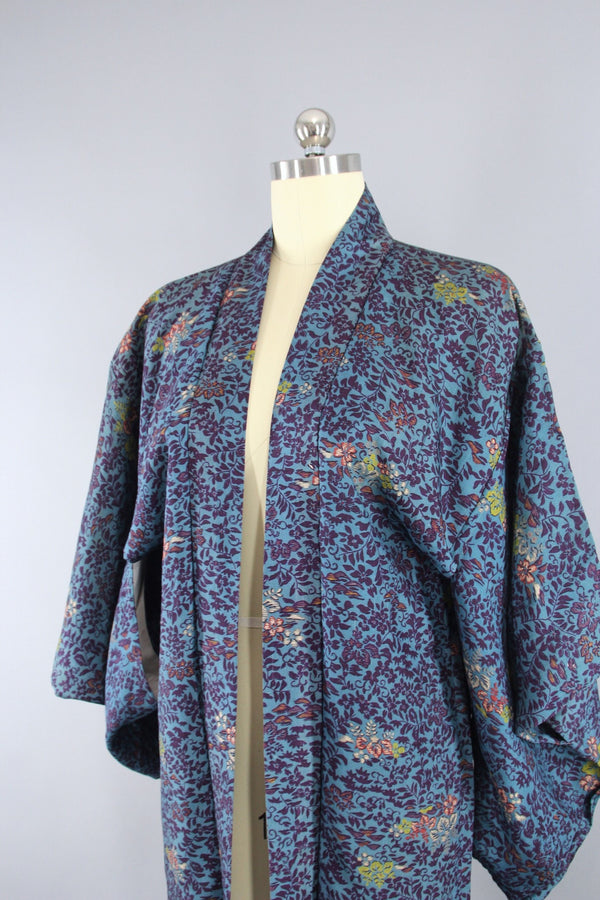 1950s Vintage Haori Kimono Cardigan Jacket in Blue & Purple Floral Pri