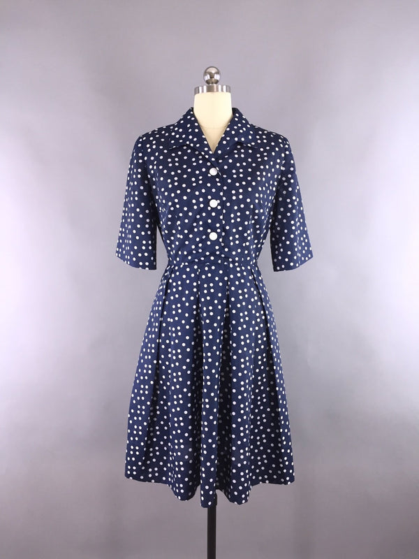 1950s Vintage Navy Blue Polka Dots Day Dress