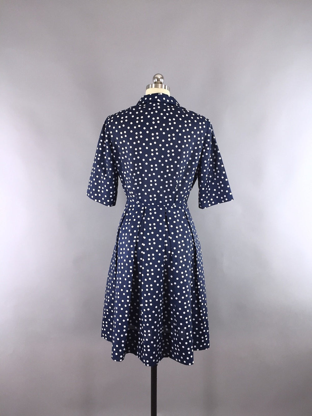 1950s Vintage Navy Blue Polka Dots Day Dress