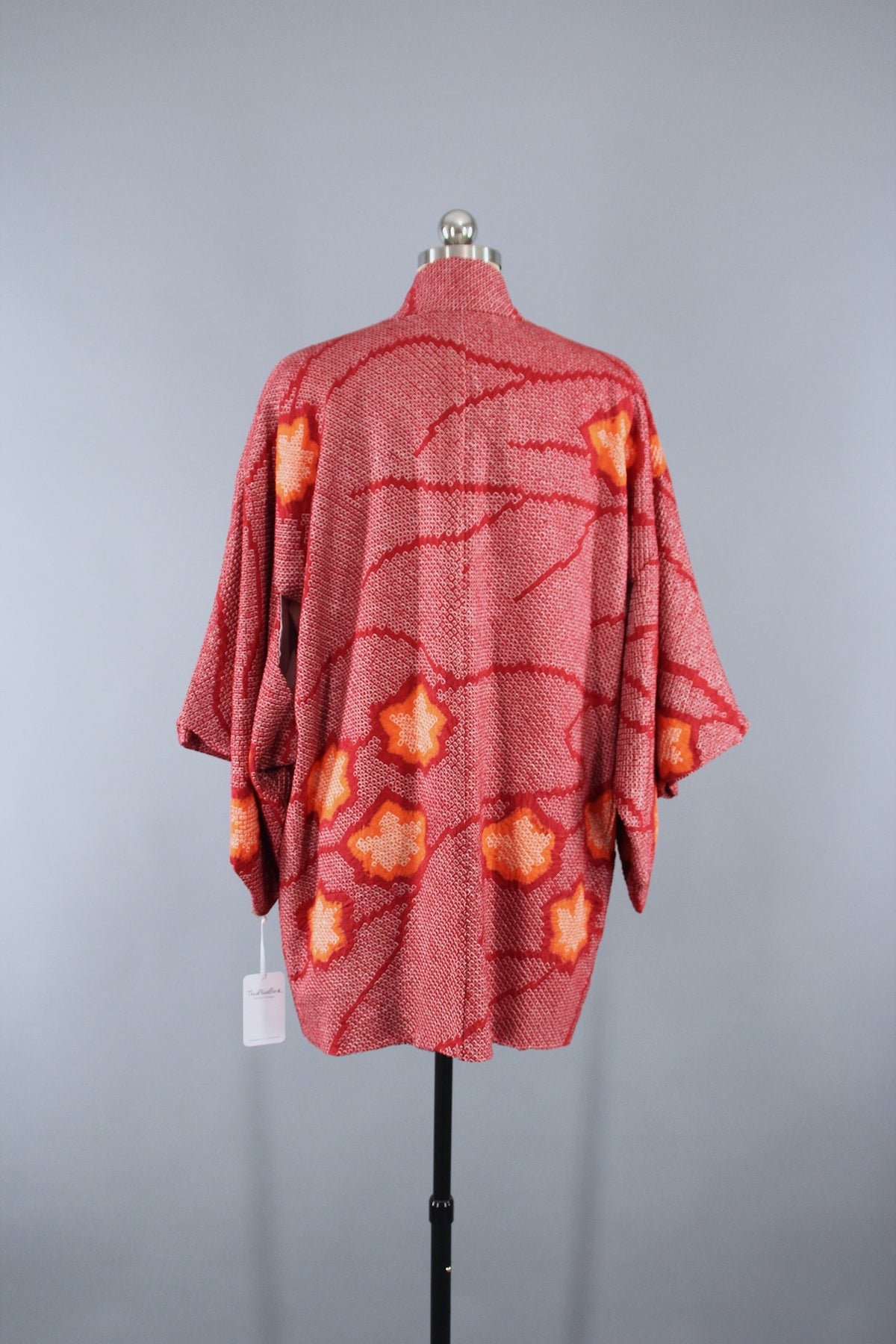 1950s Vintage Silk Haori Kimono Jacket in Dark Red Orange Floral Shibo ...