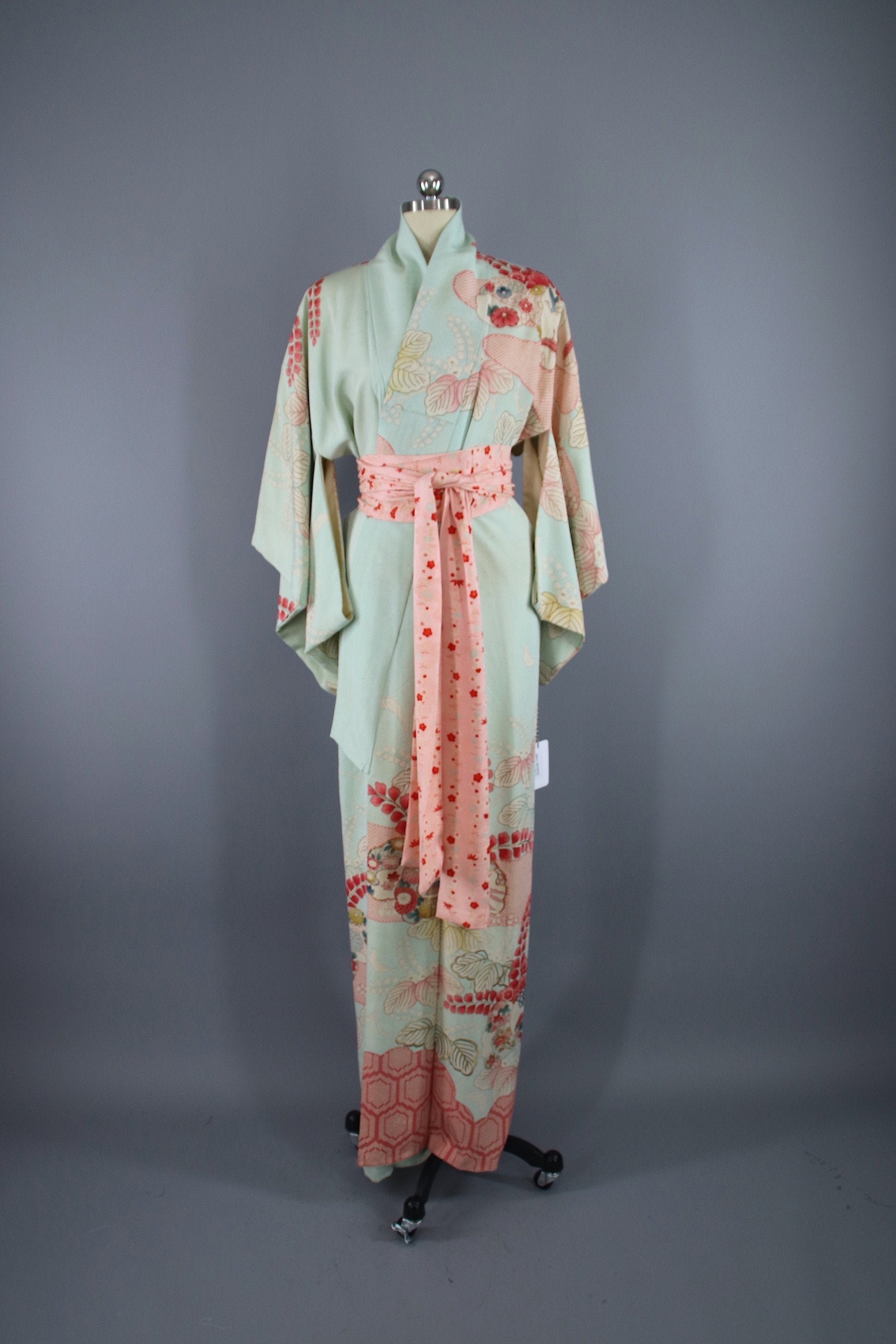 1950s Vintage Silk Kimono Robe / Aqua Blue Pink Floral – ThisBlueBird