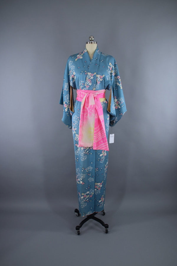 1950s Vintage Silk Kimono Robe / Blue & Pink Floral Print