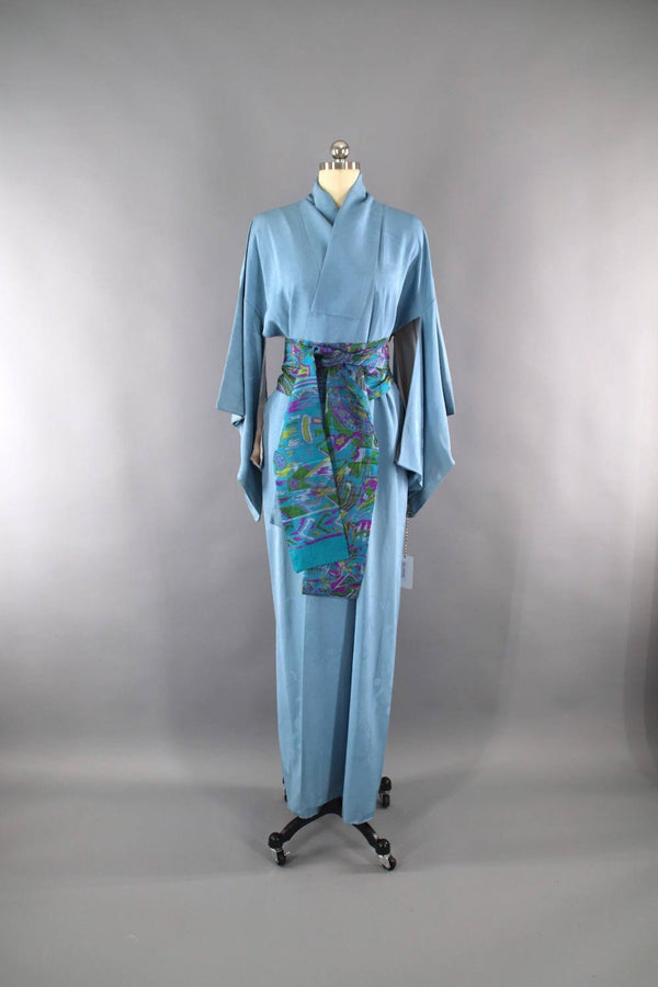 1950s Vintage Silk Kimono Robe / French Blue