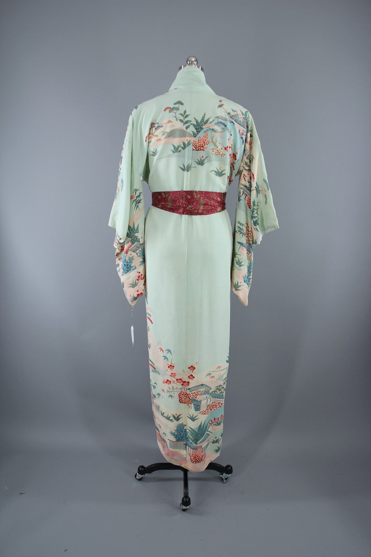 1950s Vintage Silk Kimono Robe / Mint Green & Floral Print